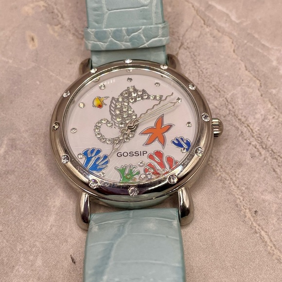 Gossip Silver Seahorse Ocean Theme Quartz Watch with Blue Leather Band. Crystals - Picture 5 of 8